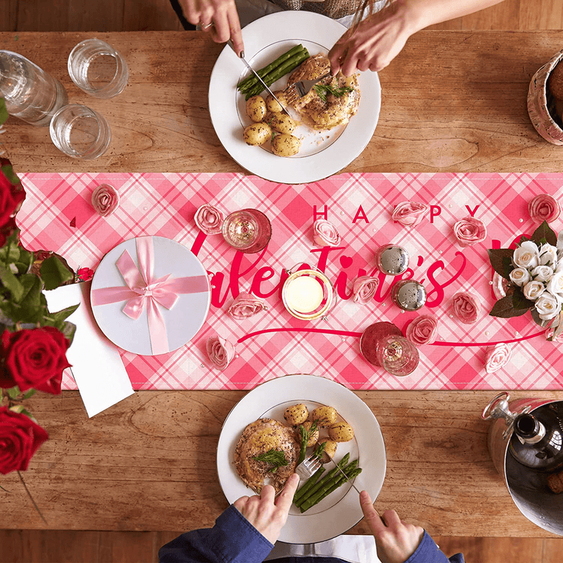 Whaline Happy Valentine'S Day Table Runner Pink Love Gnome Flower Table Cover Plaids Kitchen Dining Table Decoration for Valentine'S Day Wedding Home Dining Table Party, 13 X 72 Inch Home & Garden > Decor > Seasonal & Holiday Decorations Whaline   
