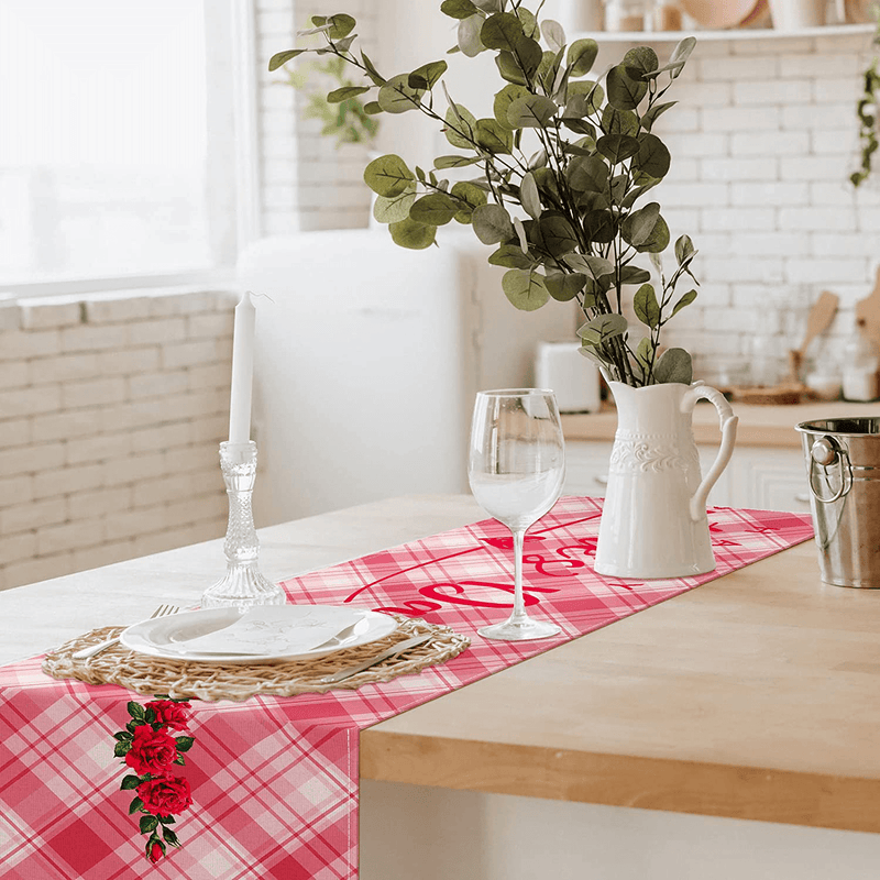 Whaline Happy Valentine'S Day Table Runner Pink Love Gnome Flower Table Cover Plaids Kitchen Dining Table Decoration for Valentine'S Day Wedding Home Dining Table Party, 13 X 72 Inch Home & Garden > Decor > Seasonal & Holiday Decorations Whaline   