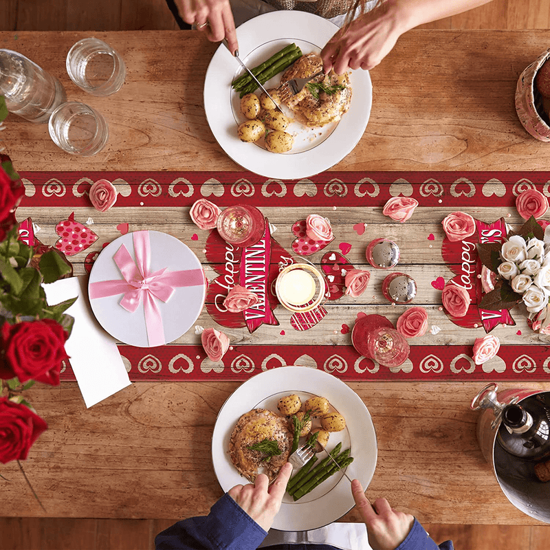 Whaline Happy Valentine'S Day Table Runner Rustic Red Heart Table Cover Wood Grain Patterned Kitchen Dining Table Decoration for Valentine'S Day Wedding Home Dining Table Party, 13 X 72 Inch Home & Garden > Decor > Seasonal & Holiday Decorations Whaline   