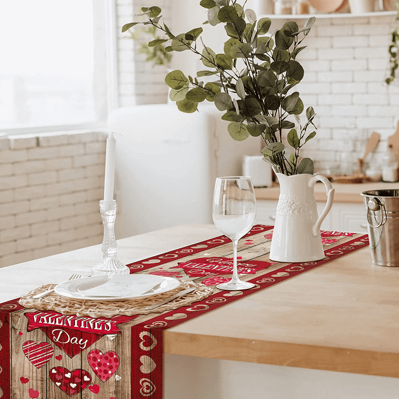 Whaline Happy Valentine'S Day Table Runner Rustic Red Heart Table Cover Wood Grain Patterned Kitchen Dining Table Decoration for Valentine'S Day Wedding Home Dining Table Party, 13 X 72 Inch Home & Garden > Decor > Seasonal & Holiday Decorations Whaline   