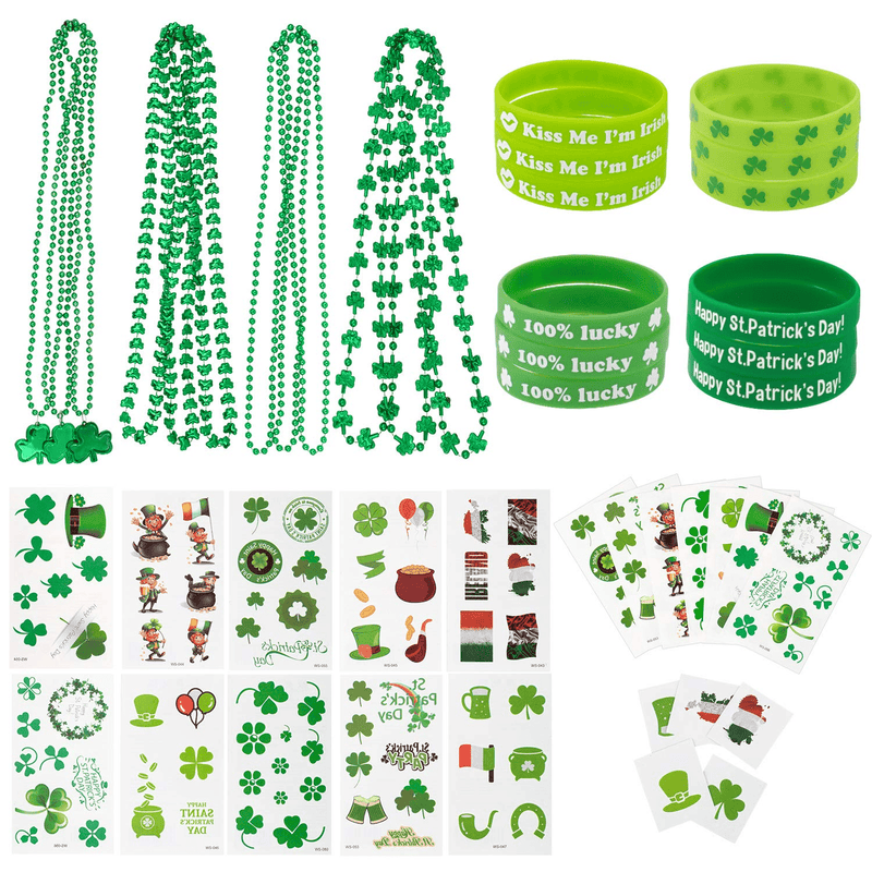 Whaline St. Patrick'S Day Party Favor Set Include 12 Green Rubber Wristbands Bracelet, 12 Shamrock Necklace and 70 Piece Temporary Tattoo Sticker for St. Patrick Irish Party Supplies Decorations Arts & Entertainment > Party & Celebration > Party Supplies Whaline   