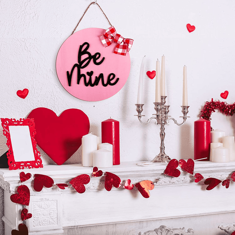 Whaline Valentine'S Day Wooden Hanging Sign Be Mine Door Decorations Pink Wreath Sign with Bow Sweet Welcome Sign for Wedding Anniversary Home Indoor Outdoor Farmhouse Wall Window Home & Garden > Decor > Seasonal & Holiday Decorations Whaline   