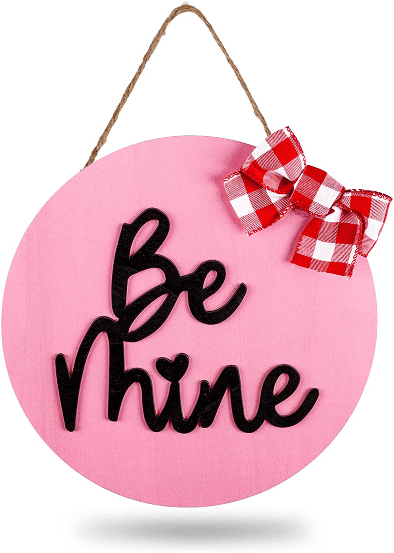 Whaline Valentine'S Day Wooden Hanging Sign Be Mine Door Decorations Pink Wreath Sign with Bow Sweet Welcome Sign for Wedding Anniversary Home Indoor Outdoor Farmhouse Wall Window Home & Garden > Decor > Seasonal & Holiday Decorations Whaline   