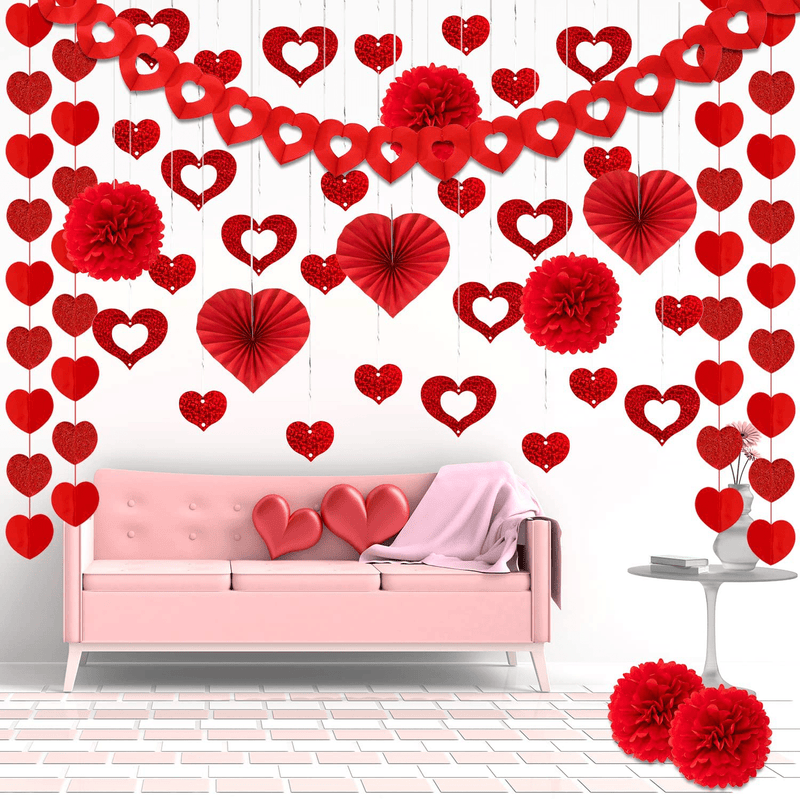 Whaline Valentines Day Party Decorations Kit, 1 Red Heart Hollow Garland Banner, 100 Heart Ornament with Foil Ribbon String, 3 Heart Paper Fans, 4 Sparkling Heart Strings Decor, 6 Red Paper Pompoms Arts & Entertainment > Party & Celebration > Party Supplies Whaline   