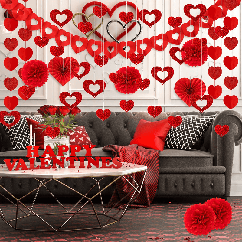 Whaline Valentines Day Party Decorations Kit, 1 Red Heart Hollow Garland Banner, 100 Heart Ornament with Foil Ribbon String, 3 Heart Paper Fans, 4 Sparkling Heart Strings Decor, 6 Red Paper Pompoms Arts & Entertainment > Party & Celebration > Party Supplies Whaline   