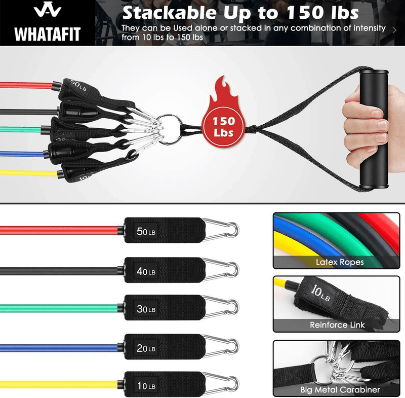 Whatafit Resistance Bands Set (11pcs), Exercise Bands with Door Anchor, Handles, Carry Bag, Legs Ankle Straps for Resistance Training, Physical Therapy, Home Workouts  Whatafit   
