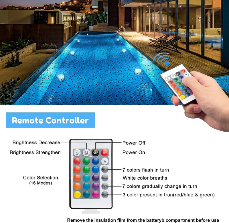 WHATOOK Underwater Submersible LED Lights for Bath Tub Waterproof Battery Operated Remote Control Wireless LED Lights for Hot Tub, Pond, Pool, Fountain, Waterfall, Aquarium, Party, Vase Base, 2 Pack Home & Garden > Pool & Spa > Pool & Spa Accessories WHATOOK   
