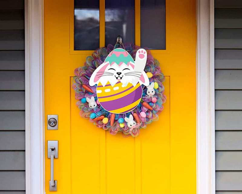 Whatsign Easter Door Decoration 10.8"X11.7" Happy Easter Bunny Eggs Door Sign Easter Eggs Door Wreath Wall Hanging Decor Signs for Home Indoor Outdoor Easter Party Spring Decorations