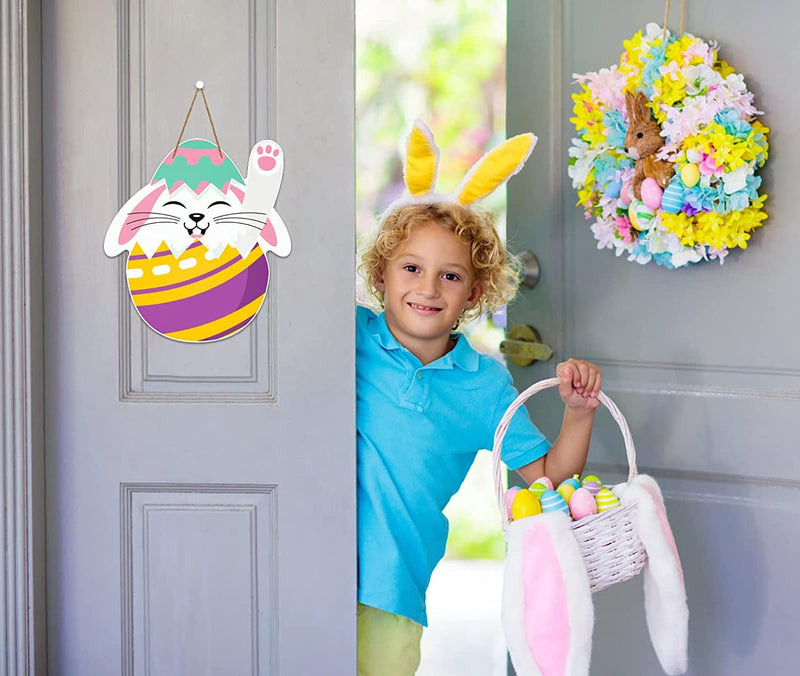 Whatsign Easter Door Decoration 10.8"X11.7" Happy Easter Bunny Eggs Door Sign Easter Eggs Door Wreath Wall Hanging Decor Signs for Home Indoor Outdoor Easter Party Spring Decorations