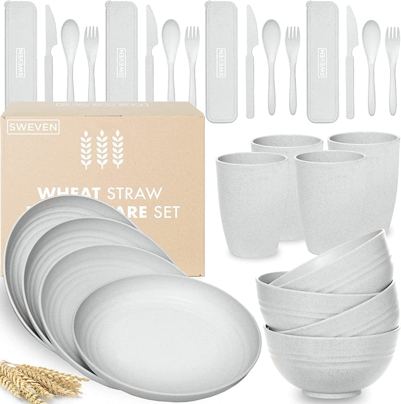 Wheat Straw Dinnerware Sets (28 Pcs) | Unbreakable Dinnerware Sets | Dishwasher Microwave Safe Dinnerware | Eco Friendly Non Breakable Dinnerware Sets | Plates, Bowls, Cups, Cutlery | Green Home & Garden > Kitchen & Dining > Tableware > Dinnerware SWEVEN Gray  
