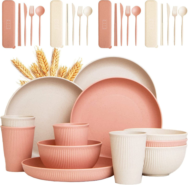 Wheat Straw Dinnerware Sets for 4 (32Pcs) Reusable Unbreakable Lightweight Dinnerware Set Microwave Safe & Dishwasher Safe Camping RV Outdoor/Indoor Dishes (Pink Dish Set) Home & Garden > Kitchen & Dining > Tableware > Dinnerware Slow hour Oatmeal & Strawberry Milk  