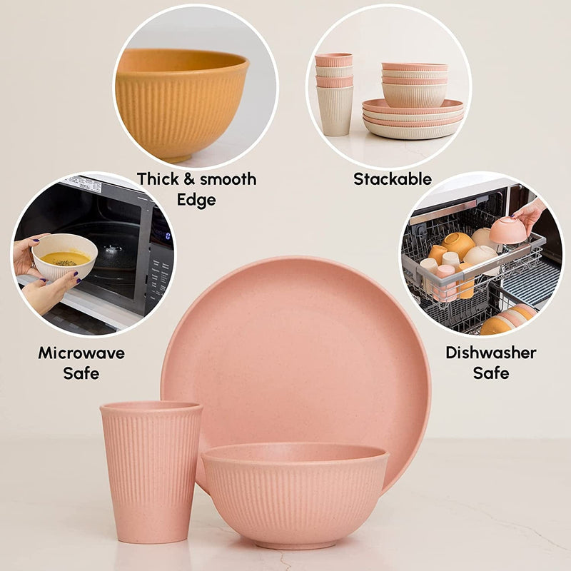 Wheat Straw Dinnerware Sets for 4 (32Pcs) Reusable Unbreakable Lightweight Dinnerware Set Microwave Safe & Dishwasher Safe Camping RV Outdoor/Indoor Dishes (Pink Dish Set) Home & Garden > Kitchen & Dining > Tableware > Dinnerware Slow hour   