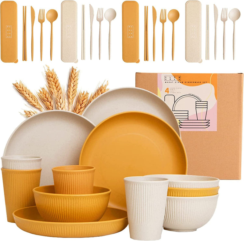 Wheat Straw Dinnerware Sets for 4 (32Pcs) Reusable Unbreakable Lightweight Dinnerware Set Microwave Safe & Dishwasher Safe Camping RV Outdoor/Indoor Dishes (Pink Dish Set) Home & Garden > Kitchen & Dining > Tableware > Dinnerware Slow hour Oatmeal & Mango  
