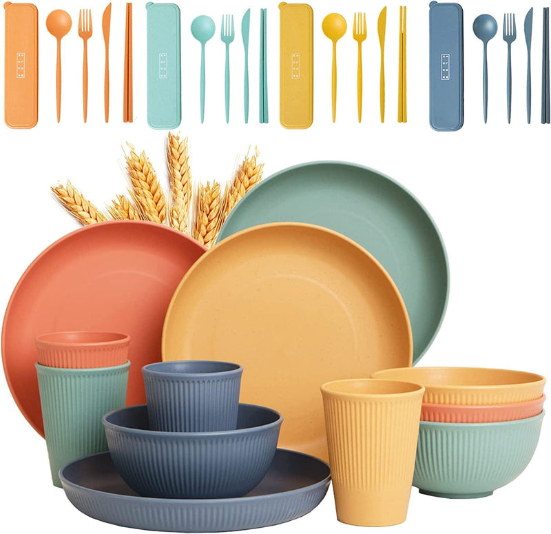 Wheat Straw Dinnerware Sets for 4 (32Pcs) Reusable Unbreakable Lightweight Dinnerware Set Microwave Safe & Dishwasher Safe Camping RV Outdoor/Indoor Dishes (Pink Dish Set)