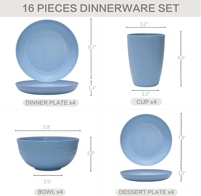 Wheat Straw Dinnerware Sets for 4,Dhnvcud 16Pcs Unbreakable,Lightweight & Reusable Dinnerware Set,Plates, Bowls, Cups,Service for 4,Microwave Dishwasher Safe Dishes Sets for Kitchen,Camping,Rv Home & Garden > Kitchen & Dining > Tableware > Dinnerware Dhnvcud   
