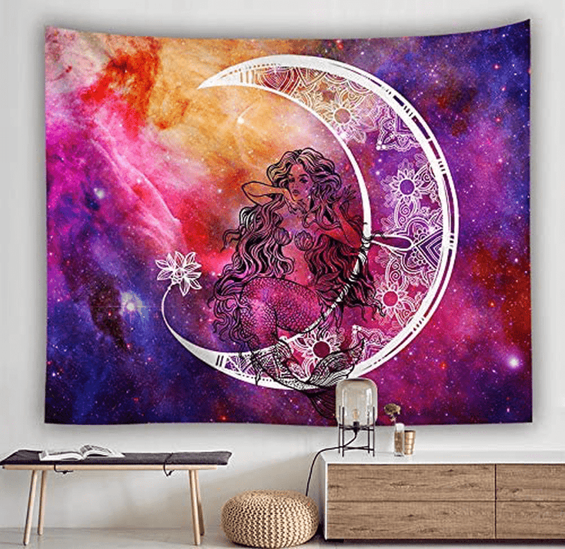 Whim-Wham Psychedelic Sexy Mermaid Home Décor Tapestry Romantic Dazzling Nebula Galaxy Lotus Long Curly Hair Moon Mandala Fairy Tale Sparkle Hanging for Princess’Bedroom Living Room Study. Home & Garden > Decor > Artwork > Decorative Tapestries Whim-Wham   