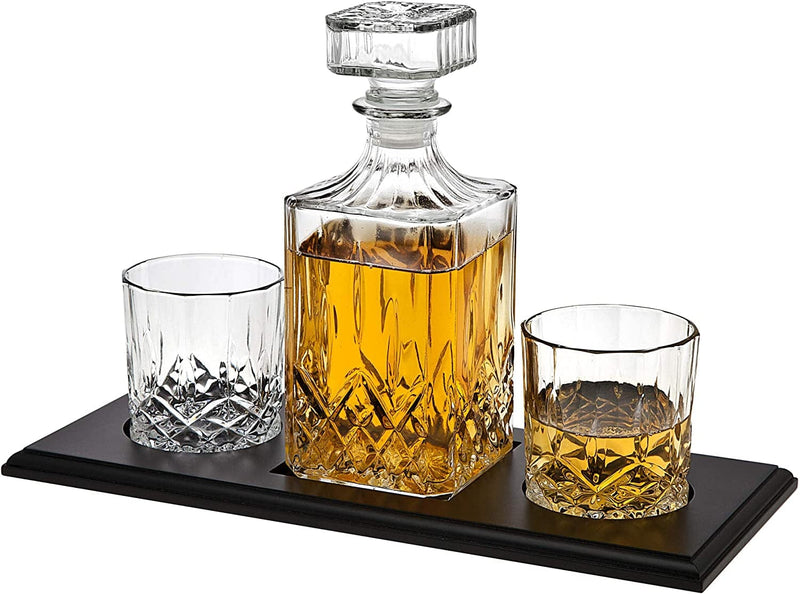 Whiskey Decanter and Glasses Barware Set, for Liquor Scotch Bourbon Wine or Vodka - Includes 2 Whisky Glasses on Wooden Display Tray