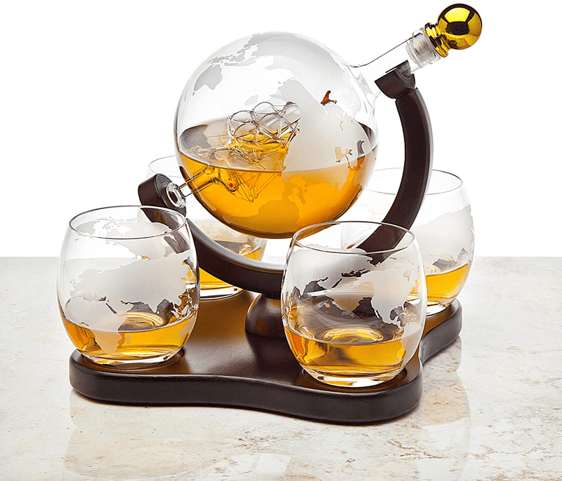 Whiskey Decanter Globe Set with 4 Etched Globe Whisky Glasses - for Liquor, Scotch, Bourbon, Vodka - 850ml