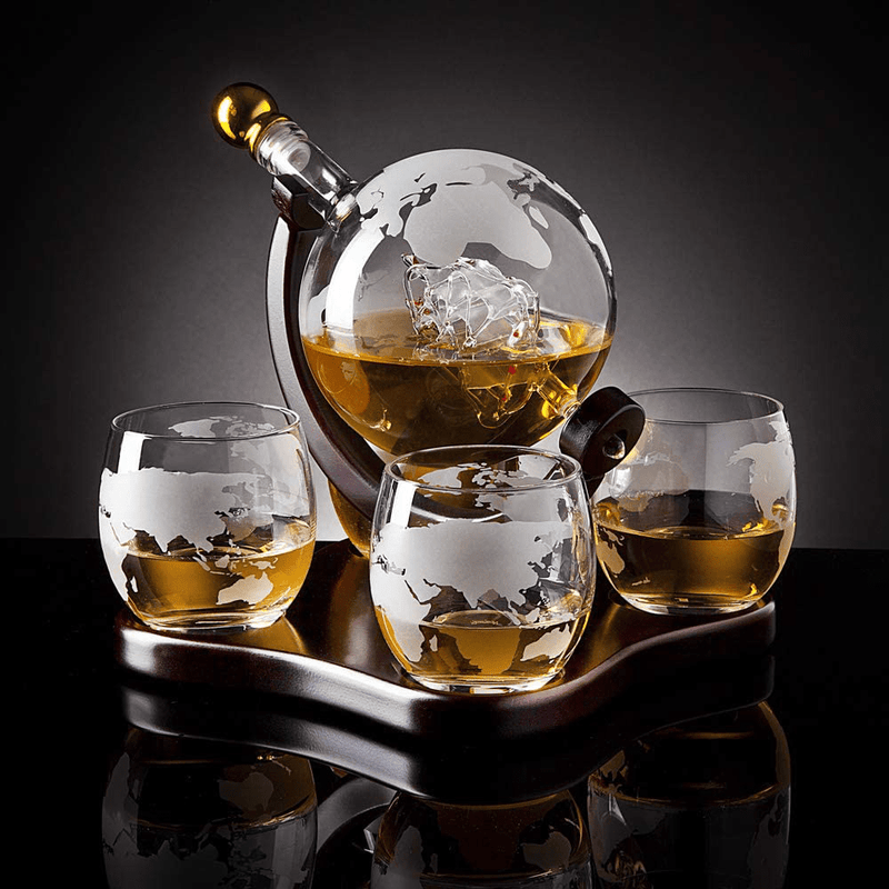 Whiskey Decanter Globe Set with 4 Etched Globe Whisky Glasses - for Liquor, Scotch, Bourbon, Vodka - 850ml