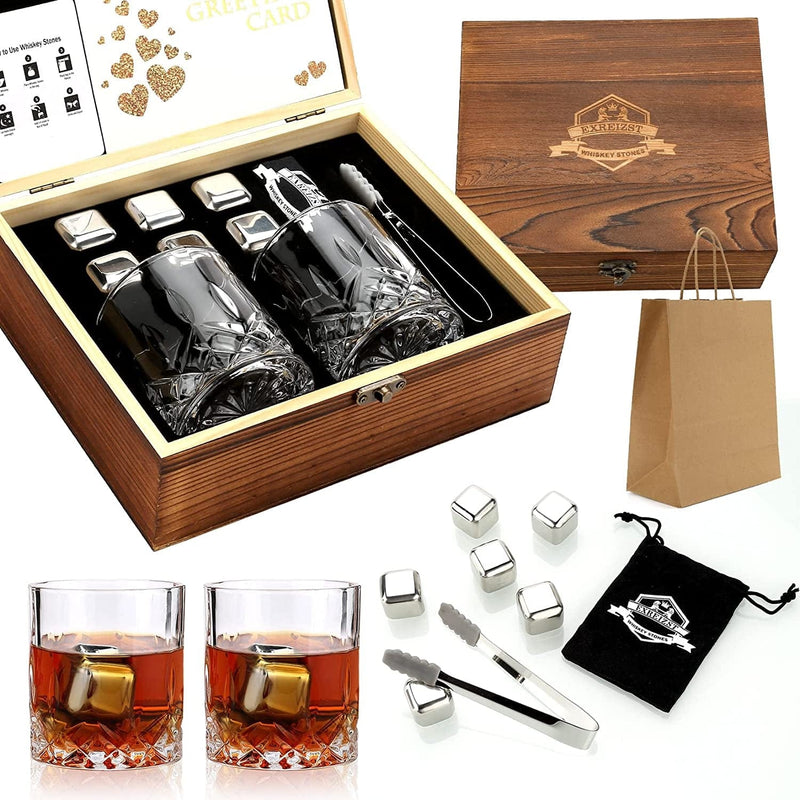 Whiskey Gifts for Men - Whiskey Stones and Glasses Gift Set - Granite Chilling Stones Whiskey Rocks - Scotch Bourbon Whiskey Glass Gift Box - Drinking Gifts for Men Dad Husband Birthday Party Present Home & Garden > Kitchen & Dining > Barware exreizst Straight Glasses+Stainless Steel Stones  