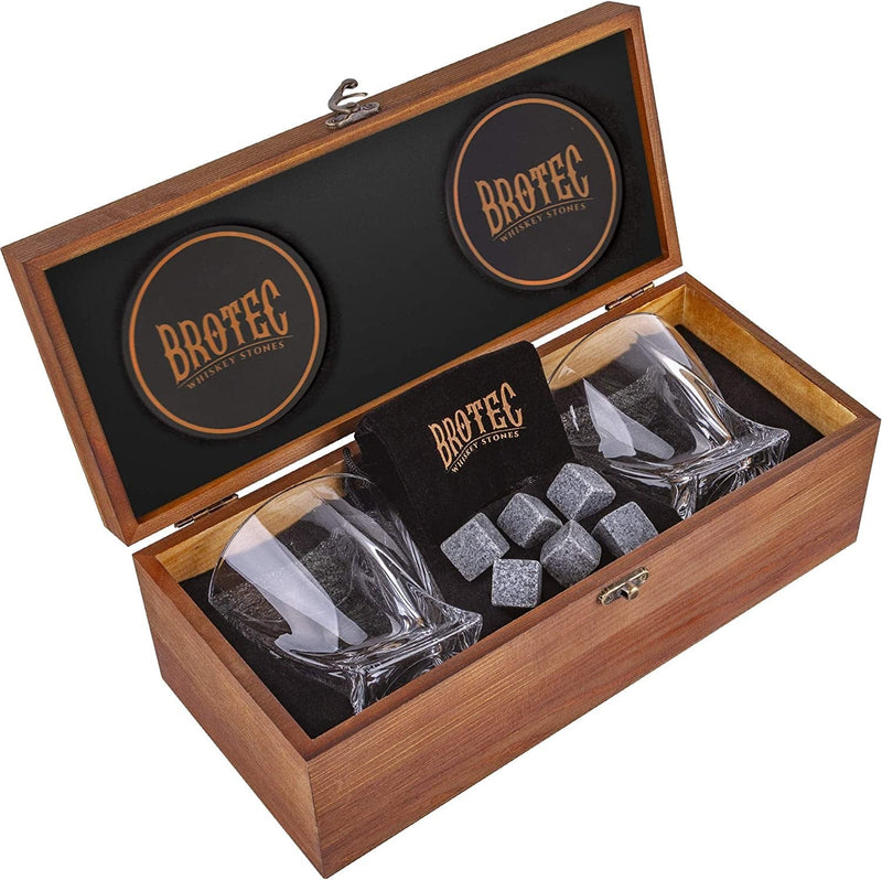 Whiskey Glass Set of 2 - Whyskey Rocks Chilling Stones & 2 Bourbon Glasses for Men or Women - Large 10Oz No Lead Crystal Whiskey Glass and Stone Set - Premium Glassware in Wooden Box
