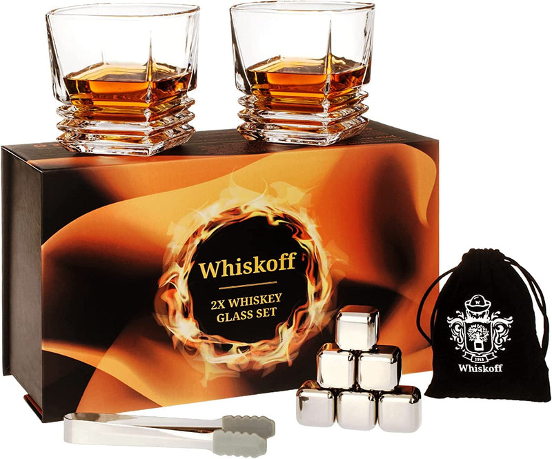 Whiskey Rocks Glasses Gift Set - Heavy Base Crystal Glass for Scotch Bourbon Drinker - Whisky Chilling Stones in Wooden Gift Box - Burbon Gift Set for Men - Idea for Birthday, Anniversary Fathers Day Home & Garden > Kitchen & Dining > Barware W WHISKOFF Most Value: Wave Glass  
