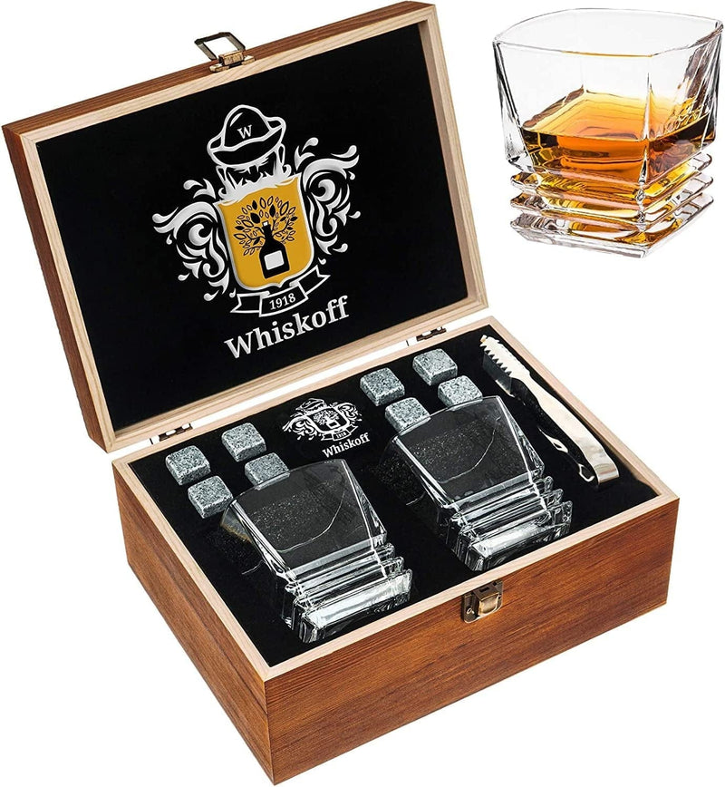 Whiskey Rocks Glasses Gift Set - Heavy Base Crystal Glass for Scotch Bourbon Drinker - Whisky Chilling Stones in Wooden Gift Box - Burbon Gift Set for Men - Idea for Birthday, Anniversary Fathers Day Home & Garden > Kitchen & Dining > Barware W WHISKOFF Brown  