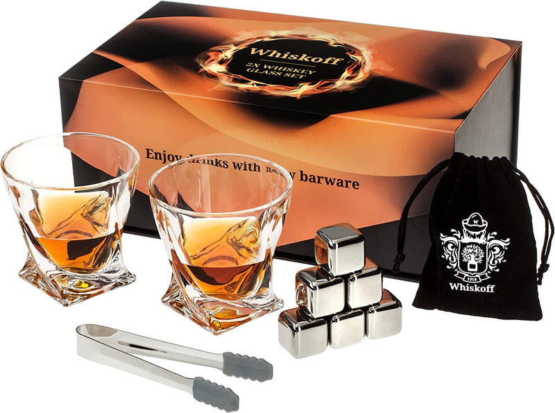Whiskey Rocks Glasses Gift Set - Heavy Base Crystal Glass for Scotch Bourbon Drinker - Whisky Chilling Stones in Wooden Gift Box - Burbon Gift Set for Men - Idea for Birthday, Anniversary Fathers Day Home & Garden > Kitchen & Dining > Barware W WHISKOFF Most Value: Twist Glass  
