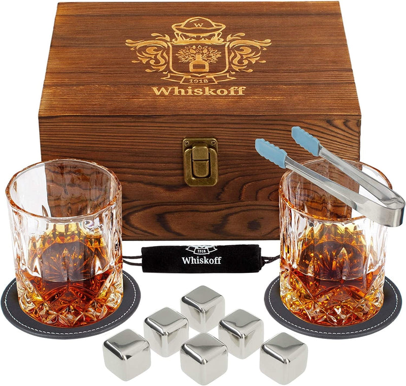 Whiskey Rocks Glasses Gift Set - Heavy Base Crystal Glass for Scotch Bourbon Drinker - Whisky Chilling Stones in Wooden Gift Box - Burbon Gift Set for Men - Idea for Birthday, Anniversary Fathers Day Home & Garden > Kitchen & Dining > Barware W WHISKOFF New Release: Diamond Glass  