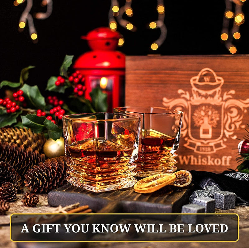 Whiskey Rocks Glasses Gift Set - Heavy Base Crystal Glass for Scotch Bourbon Drinker - Whisky Chilling Stones in Wooden Gift Box - Burbon Gift Set for Men - Idea for Birthday, Anniversary Fathers Day Home & Garden > Kitchen & Dining > Barware W WHISKOFF   