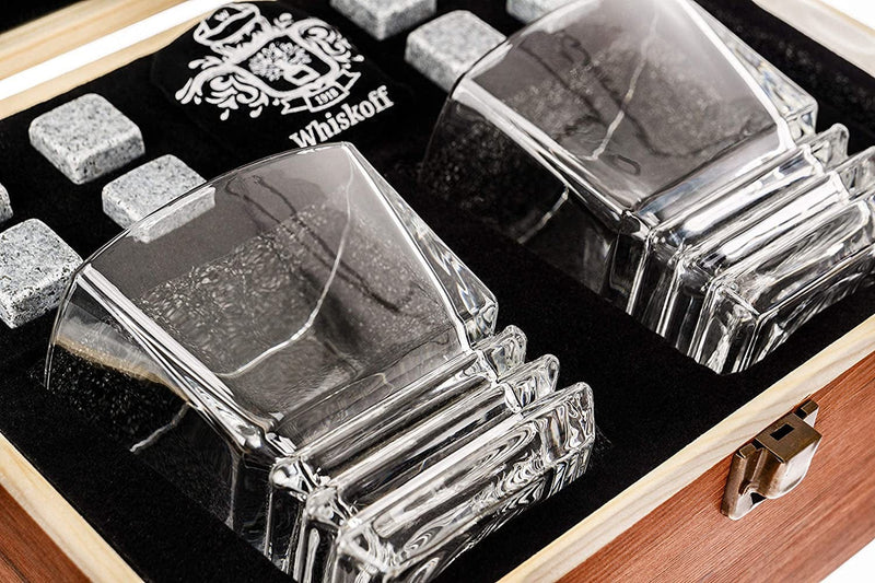 Whiskey Rocks Glasses Gift Set - Heavy Base Crystal Glass for Scotch Bourbon Drinker - Whisky Chilling Stones in Wooden Gift Box - Burbon Gift Set for Men - Idea for Birthday, Anniversary Fathers Day Home & Garden > Kitchen & Dining > Barware W WHISKOFF   