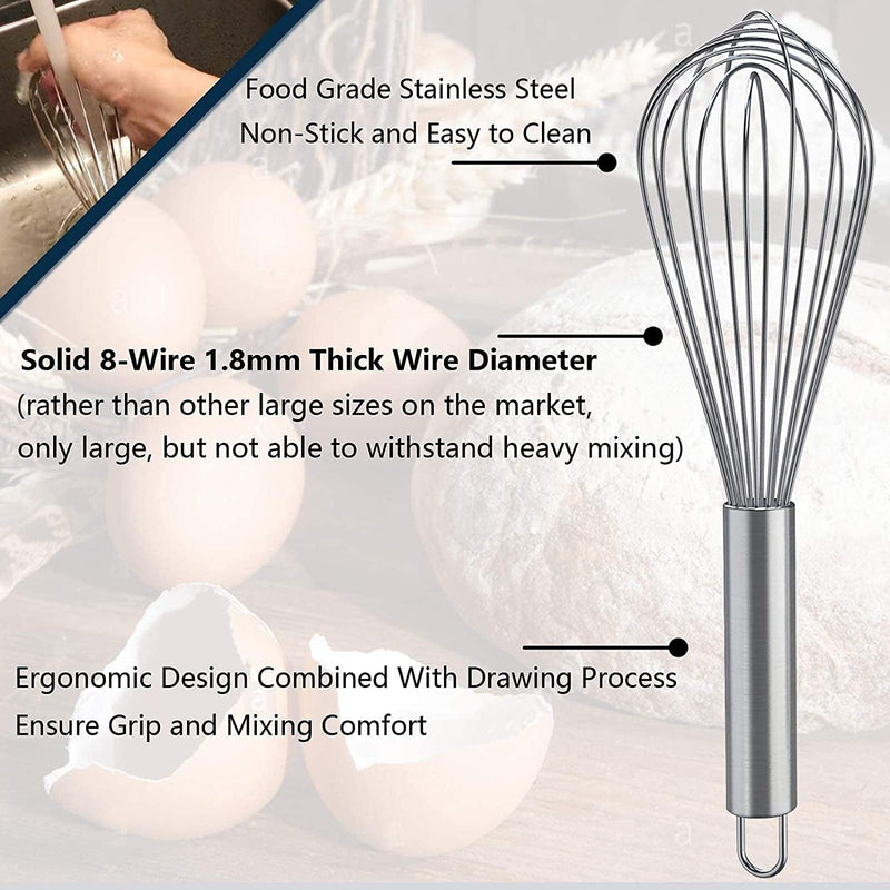 Whisks for Cooking, 3 Pack Stainless Steel Whisk for Blending, Whisking, Beating and Stirring, Enhanced Version Balloon Wire Whisk Set, 8"+10"+12" Home & Garden > Kitchen & Dining > Kitchen Tools & Utensils Plateau ELK   