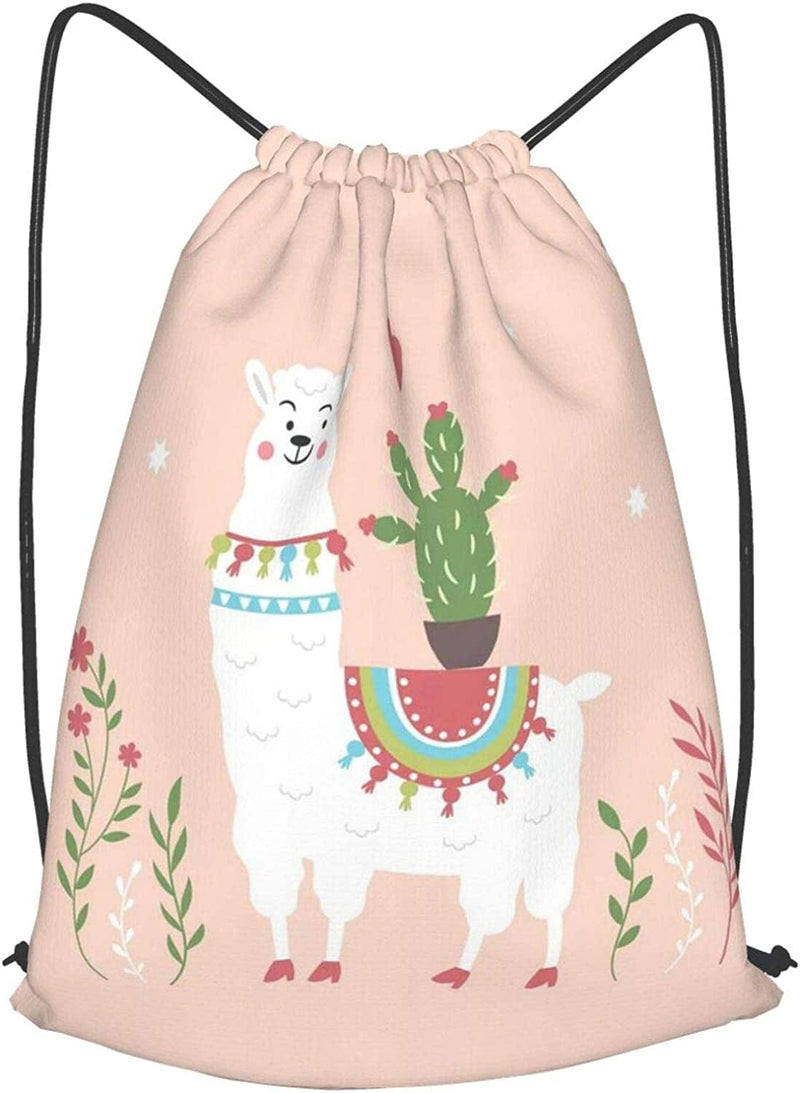 White Alpaca Llama Cactus Flower Drawstring Backpack Pink String Storage Bags for Men Women Girls Kids Bulk Gym Sports Travel Swimming Sackpack Home & Garden > Household Supplies > Storage & Organization panjianmu01 Alpaca Cactus  