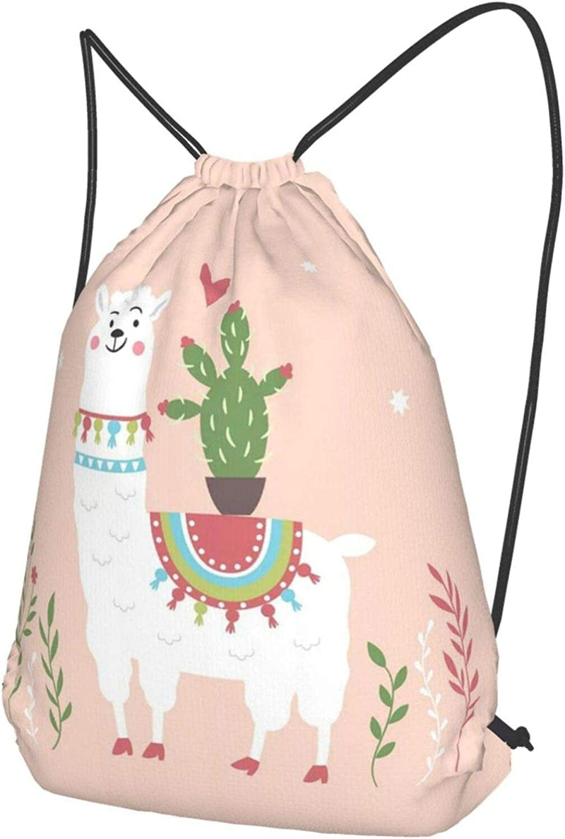 White Alpaca Llama Cactus Flower Drawstring Backpack Pink String Storage Bags for Men Women Girls Kids Bulk Gym Sports Travel Swimming Sackpack Home & Garden > Household Supplies > Storage & Organization panjianmu01   