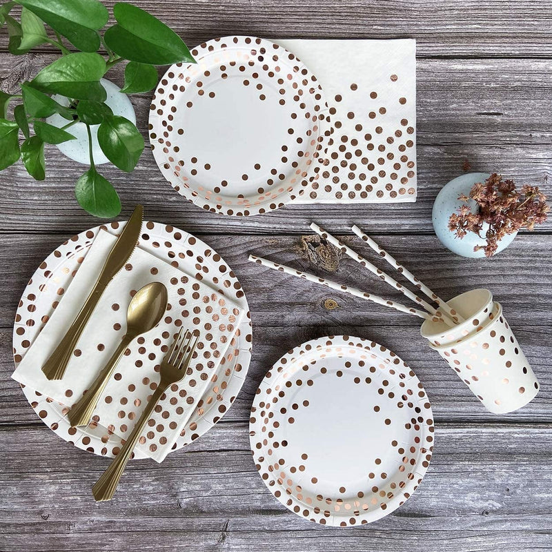 White and Rose Gold Party Supplies, 400PCS Disposable Party Dinnerware Set, White Paper Plates Napkin, Gold Plastic Fork Knife Spoon for Birthday Mother’S Easter Day Baby Shower Party Decoration Home & Garden > Decor > Seasonal & Holiday Decorations ExtraCharm   