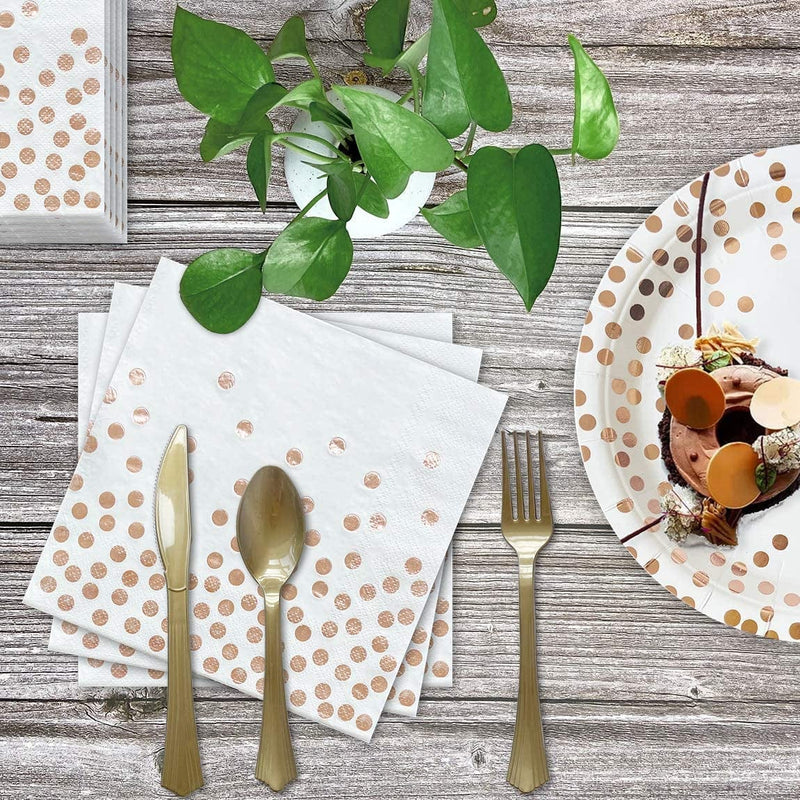 White and Rose Gold Party Supplies, 400PCS Disposable Party Dinnerware Set, White Paper Plates Napkin, Gold Plastic Fork Knife Spoon for Birthday Mother’S Easter Day Baby Shower Party Decoration Home & Garden > Decor > Seasonal & Holiday Decorations ExtraCharm   
