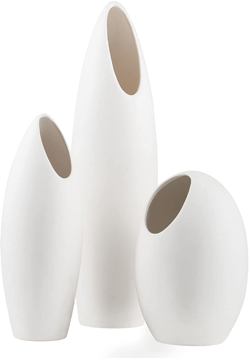 White Ceramic Vase Set for Decor, W.Sealet Set of 3 Artistic Flower Vases Modern Home Decor Bevel Opening Vases (12”H, 7.9”H, 5.9”H) for Wedding Centerpieces, Living Room, Kitchen, Office Home & Garden > Decor > Vases W.Sealet Default Title  