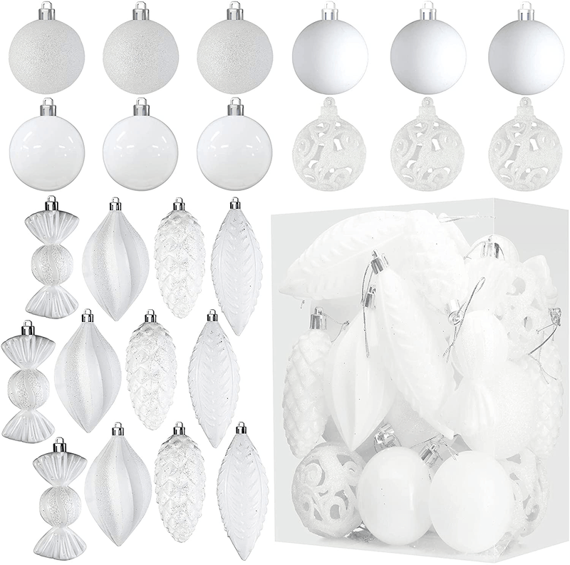 White Christmas Ball Ornaments for Christmas Decorations - 24 Pieces Xmas Tree Shatterproof Ornaments with Hanging Loop for Holiday and Party Decoration (Combo of 8 Ball and Shaped Styles) Home & Garden > Decor > Seasonal & Holiday Decorations& Garden > Decor > Seasonal & Holiday Decorations Prextex White  