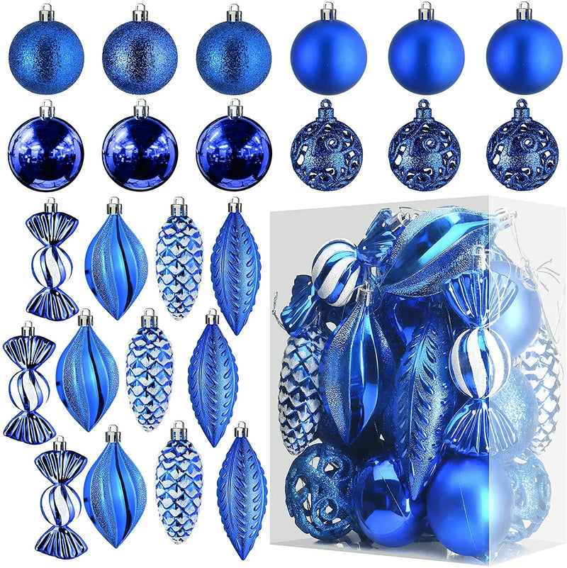White Christmas Ball Ornaments for Christmas Decorations - 24 Pieces Xmas Tree Shatterproof Ornaments with Hanging Loop for Holiday and Party Decoration (Combo of 8 Ball and Shaped Styles) Home & Garden > Decor > Seasonal & Holiday Decorations& Garden > Decor > Seasonal & Holiday Decorations Prextex Blue  