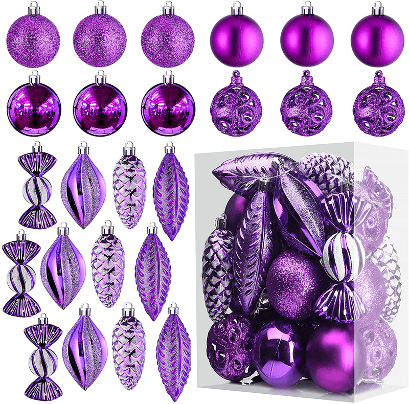 White Christmas Ball Ornaments for Christmas Decorations - 24 Pieces Xmas Tree Shatterproof Ornaments with Hanging Loop for Holiday and Party Decoration (Combo of 8 Ball and Shaped Styles) Home & Garden > Decor > Seasonal & Holiday Decorations& Garden > Decor > Seasonal & Holiday Decorations Prextex Purple  