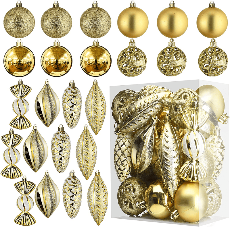 White Christmas Ball Ornaments for Christmas Decorations - 24 Pieces Xmas Tree Shatterproof Ornaments with Hanging Loop for Holiday and Party Decoration (Combo of 8 Ball and Shaped Styles) Home & Garden > Decor > Seasonal & Holiday Decorations& Garden > Decor > Seasonal & Holiday Decorations Prextex Gold  