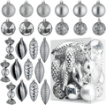 White Christmas Ball Ornaments for Christmas Decorations - 24 Pieces Xmas Tree Shatterproof Ornaments with Hanging Loop for Holiday and Party Decoration (Combo of 8 Ball and Shaped Styles) Home & Garden > Decor > Seasonal & Holiday Decorations& Garden > Decor > Seasonal & Holiday Decorations Prextex Silver  
