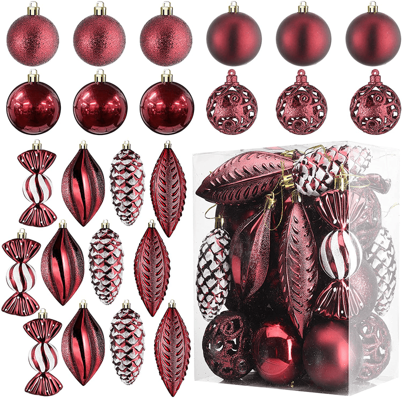 White Christmas Ball Ornaments for Christmas Decorations - 24 Pieces Xmas Tree Shatterproof Ornaments with Hanging Loop for Holiday and Party Decoration (Combo of 8 Ball and Shaped Styles) Home & Garden > Decor > Seasonal & Holiday Decorations& Garden > Decor > Seasonal & Holiday Decorations Prextex Wine Red  