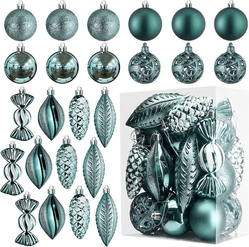 White Christmas Ball Ornaments for Christmas Decorations - 24 Pieces Xmas Tree Shatterproof Ornaments with Hanging Loop for Holiday and Party Decoration (Combo of 8 Ball and Shaped Styles) Home & Garden > Decor > Seasonal & Holiday Decorations& Garden > Decor > Seasonal & Holiday Decorations Prextex Peacock Green  