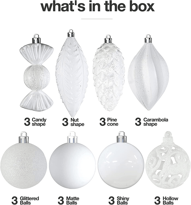 White Christmas Ball Ornaments for Christmas Decorations - 24 Pieces Xmas Tree Shatterproof Ornaments with Hanging Loop for Holiday and Party Decoration (Combo of 8 Ball and Shaped Styles) Home & Garden > Decor > Seasonal & Holiday Decorations& Garden > Decor > Seasonal & Holiday Decorations Prextex   