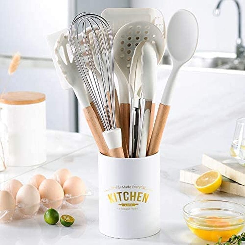 White Cooking Utensils Set - Silicone Kitchen Tools Set with Wood Handle for Nonstick Utensils Cookware - Kitchen Utensil Set with Spatula/Spoons/Holder