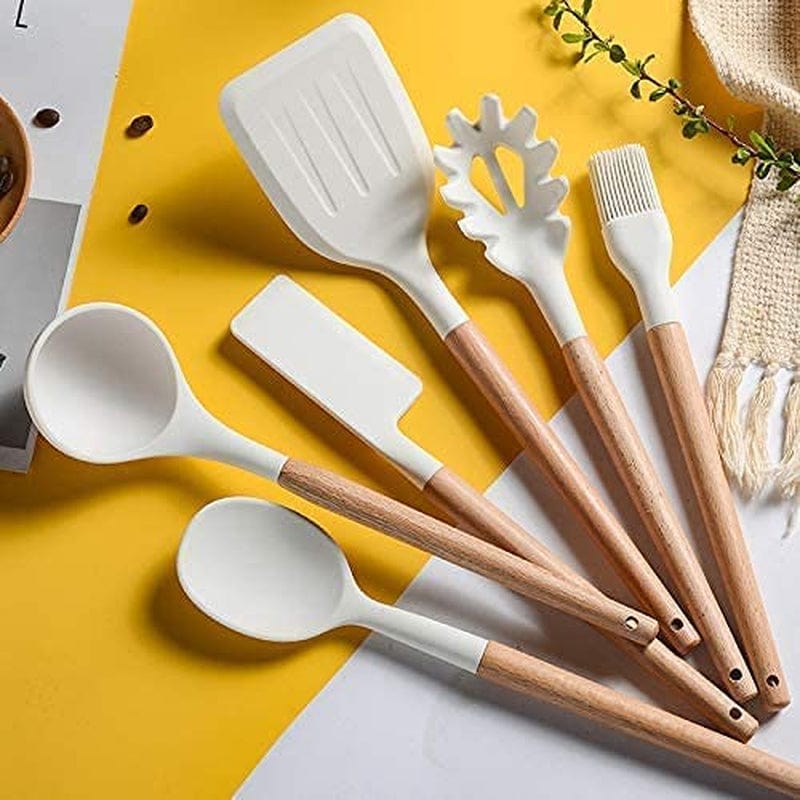 White Cooking Utensils Set - Silicone Kitchen Tools Set with Wood Handle for Nonstick Utensils Cookware - Kitchen Utensil Set with Spatula/Spoons/Holder