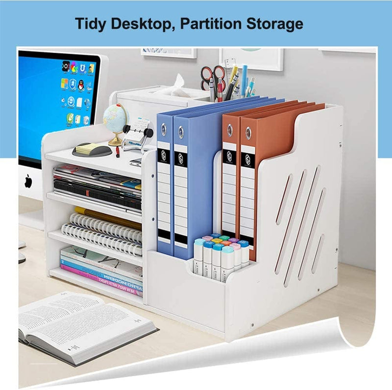 White Desktop Organizer, Multipurpose Desk Document File Tray Organizer Storage Display Shelf Rack for Home Office School (PB07)