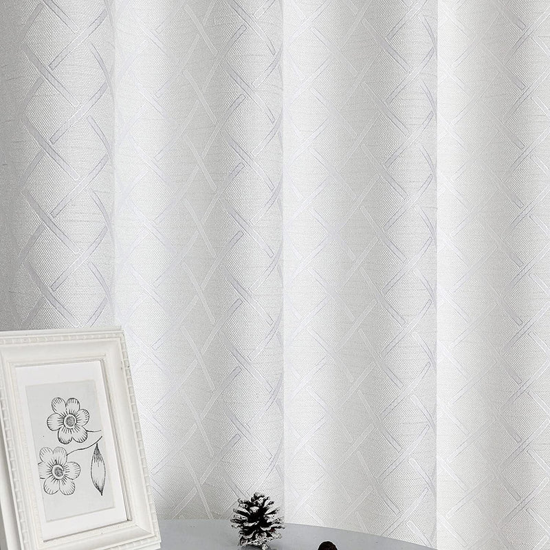 White Geometric Trellis Jacquard Curtain Panel Diamond Pattern Grommet Top Light Filtering Window Drapes for Bedroom/Living Room, Cream White, 50"X95", 2 Panel