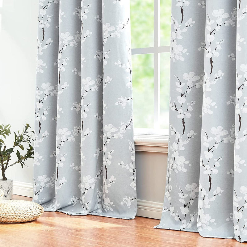 White Grey Blackout Curtains for Bedroom 84 Inch Length Floral Printed Living Room Curtain Panels for Farmhouse Décor Blossom Thermal Energy Efficient Light Blocking Window Curtain 50"W 2Pcs Home & Garden > Decor > Window Treatments > Curtains & Drapes FMFUNCTEX   